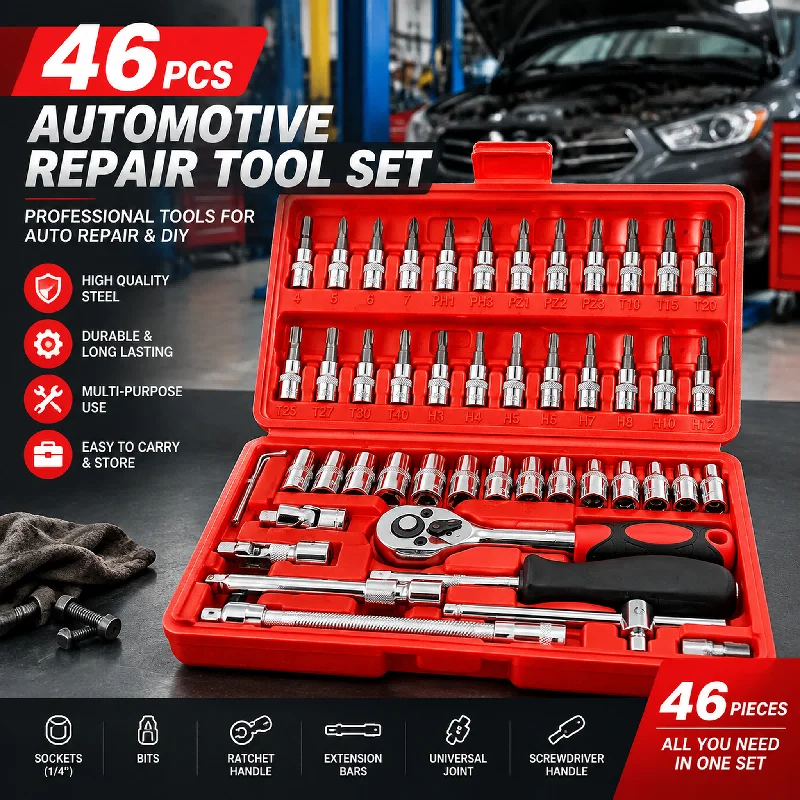 46Pcs Car Repair Tool Kit 1/4-Inch Socket Ratchet Wrench Combo with Screwdriver for Machine Repair