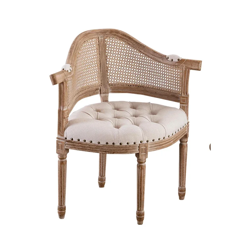 American country solid wood cowhide retro dining chair shooting with armrests cafe French rattan chair old princess