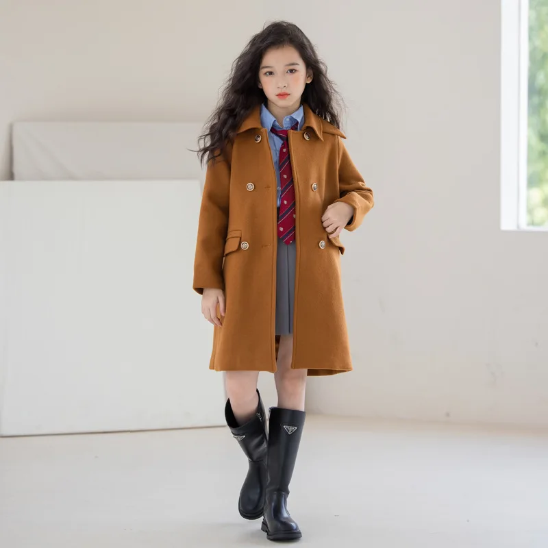 Teenage Girls Woolen Jacket Mid-length Caramel Color Casual Fashion Childrens Coat Autumn Winter College Style Kids Outerwear