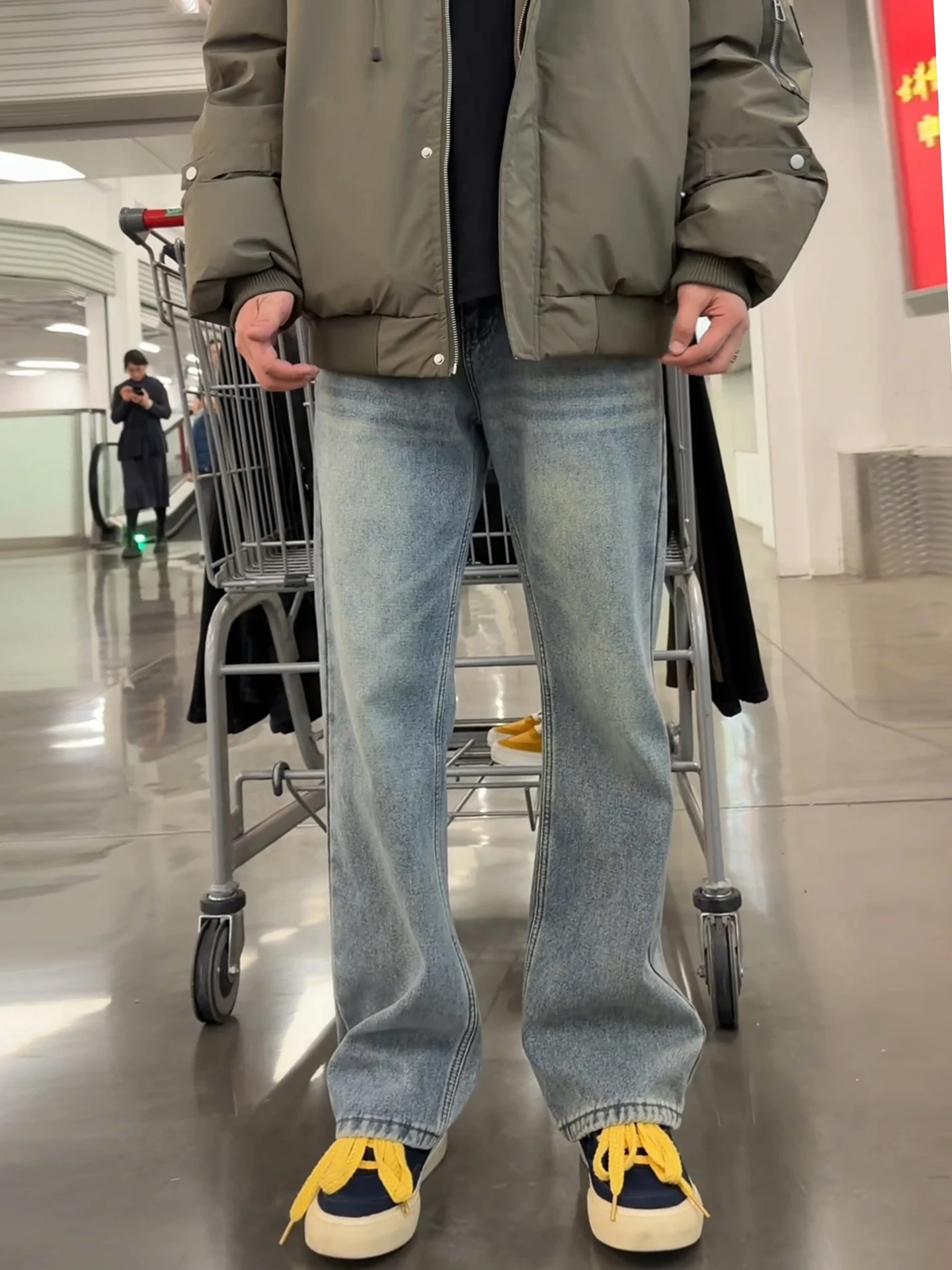 

Retro Blue Fce Lined Denim Jeans Men's American High Street Sle Straight Leg Micro Flared Pants Spring Autumn Collection