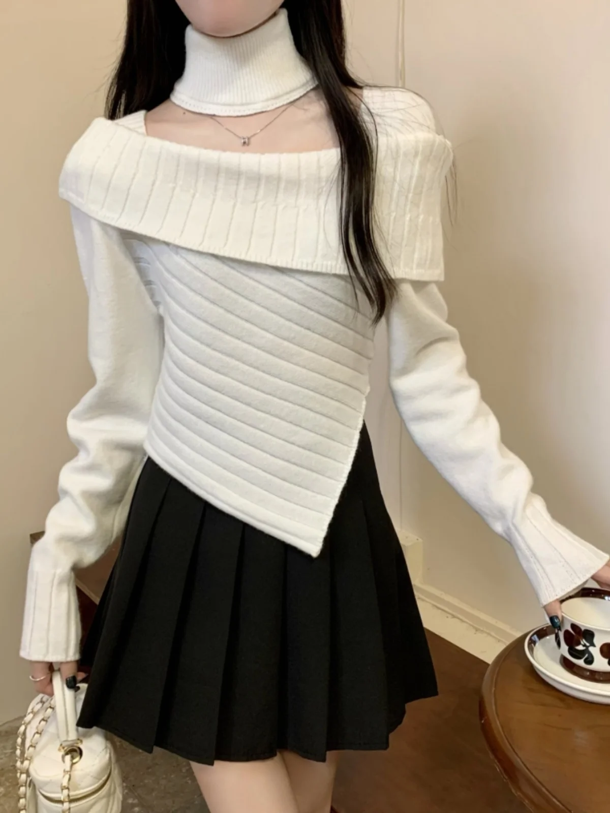 Ele Top tricoté à une épaule pour femme automne hiver couverture irrégulière Ne rouge pull du nouvel an coupe ajustée longue Sve ort...