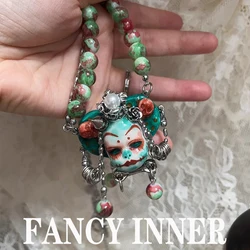 2024 New Punk Y2K Doll Necklace Design Punk Human Face Green Beaded Choker for Women Jewelry Gift Accessories