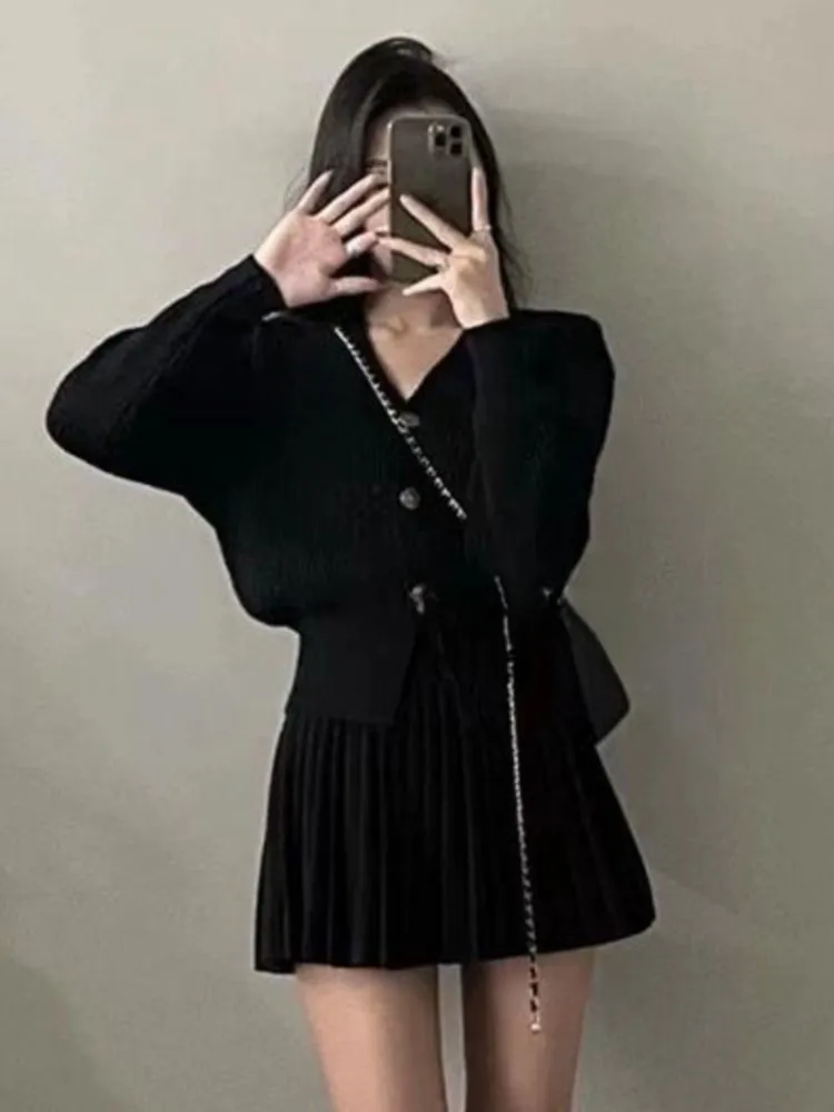 Casual Knitted 2 Piece Set Single Breasted V-neck Top + High Waist Mini Pleated Skirt Autumn Spring Korean Fashion Solid Outfits