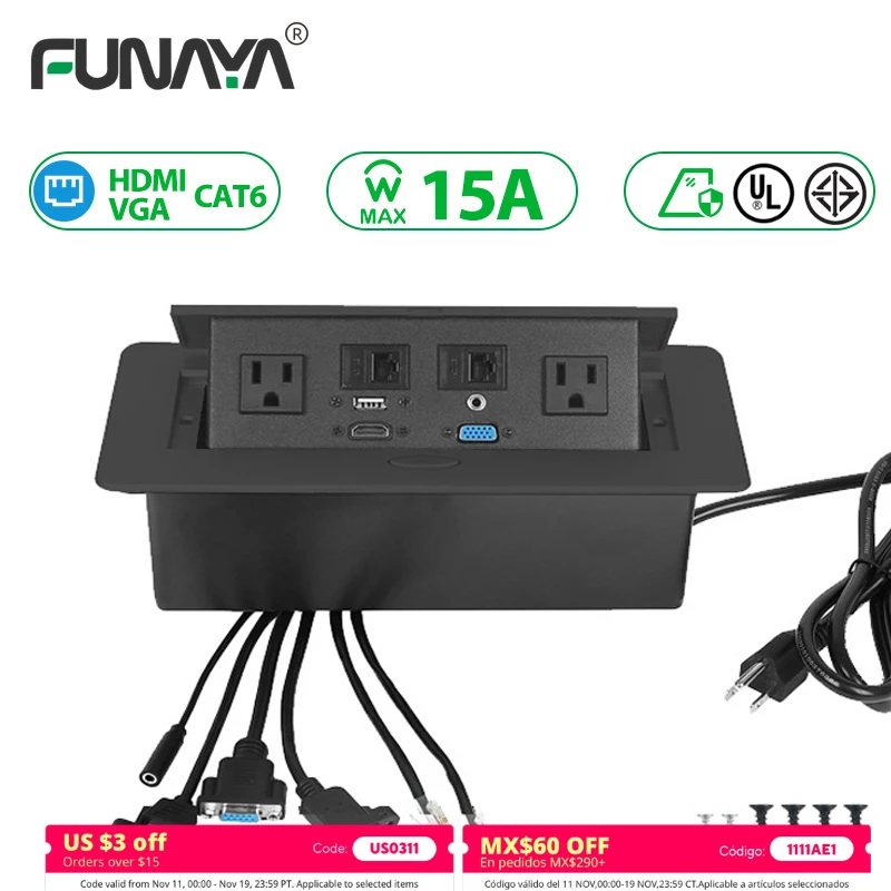 

US Hidden Built-in Desk Socket with USB CAT6 HDMI Electrical Recessed Sockets Pop up Outlet Desktop for Office Home Floor Table