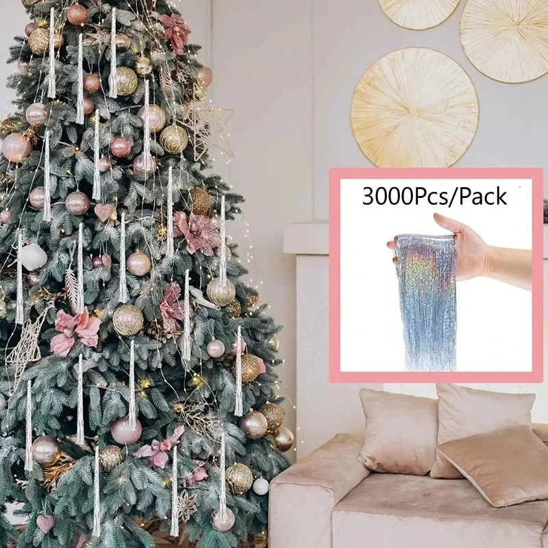 3000 Strands Foil Fringe Garland PET Wire Decorative Pendants Icicles Iridescent Tinsel Rain Wire Christmas Party Supplies