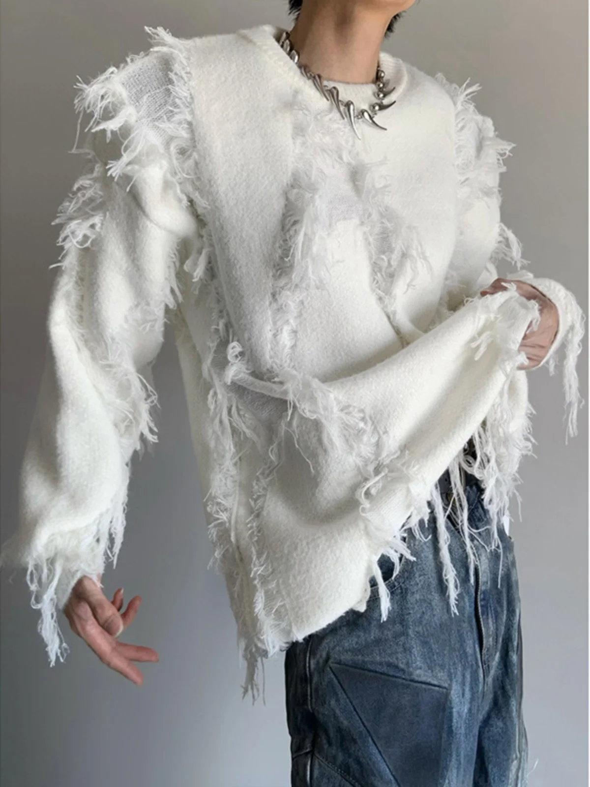 

Мужской вязаный свитер American Sle, белый, с бахромой, с эффектом потертости, зимняя утепленная верхняя одежда, повседневный, мягкий, удобный