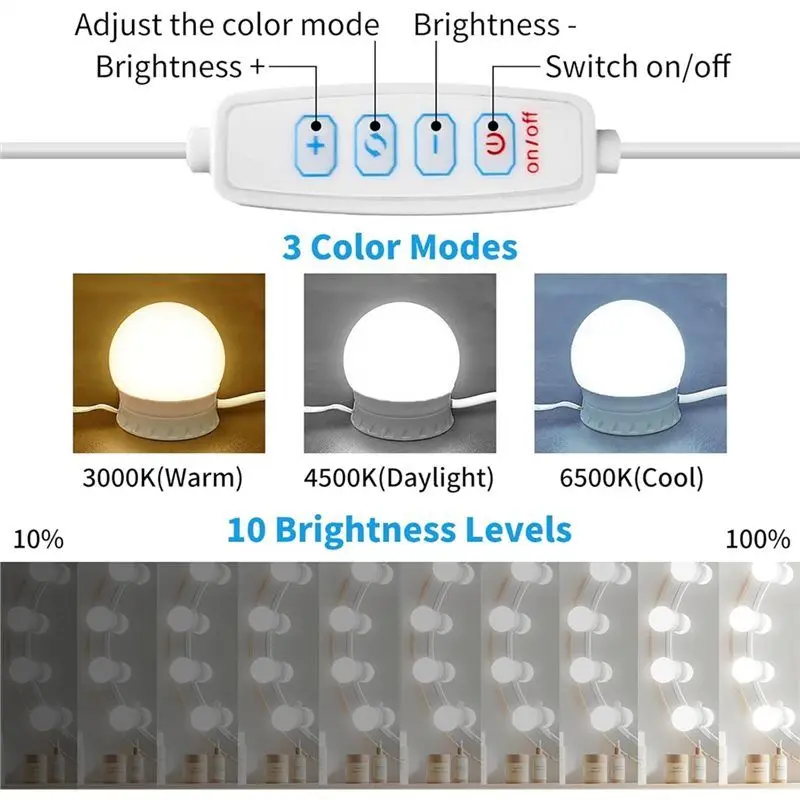 【SIMPLE】Para escritorio de maquillaje, baño, luz LED para espejo de tocador con 12 bombillas de palo regulables, ajuste de 10 niveles de brillo