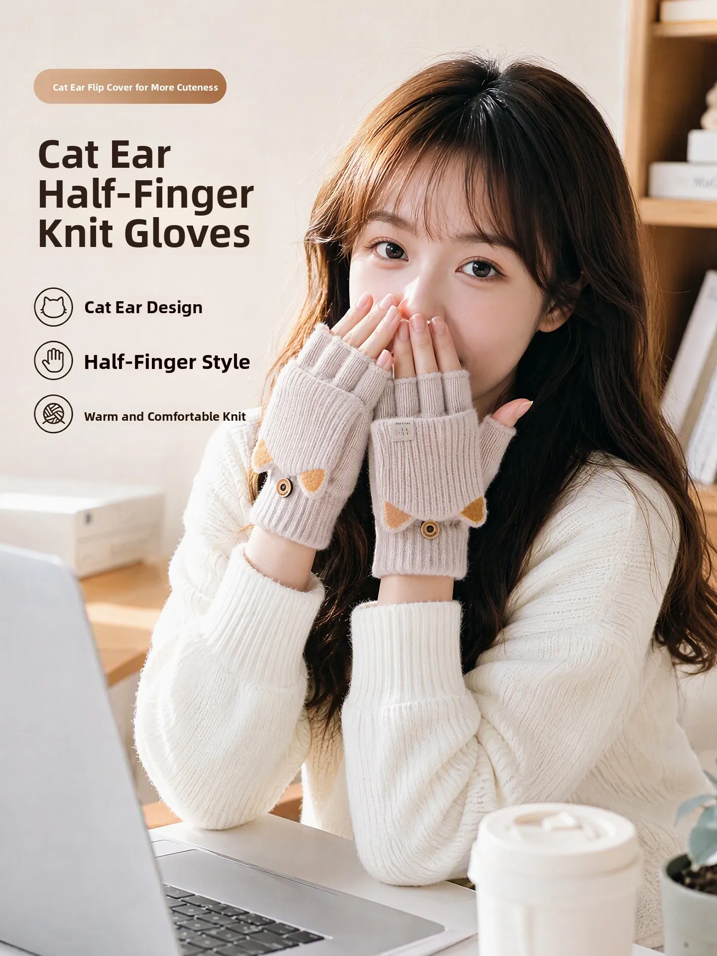 Thickened Knitted Winter Gloves Women's Cute Student Writing Flip Cover Half Finger Gloves Cycling Warmth Protection against ...