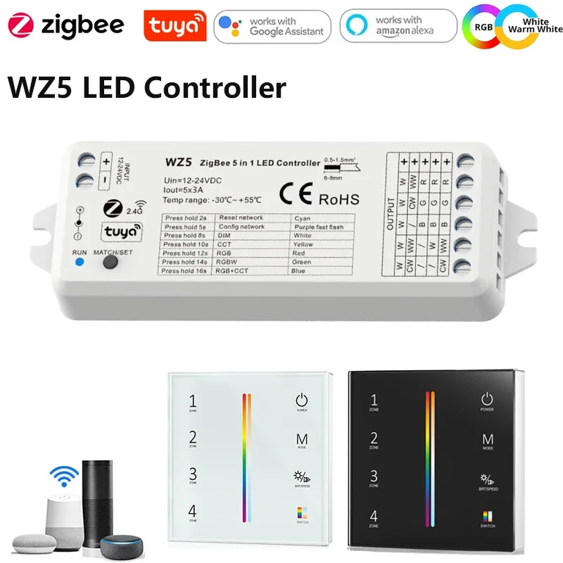 

DC12V-24V Tuya Zigbee 5in1 LED Light Dimmer for CCT/RGB/RGBW/RGBCCT Color LED Controller with 2.4G RF Wall Touch Panel Remote