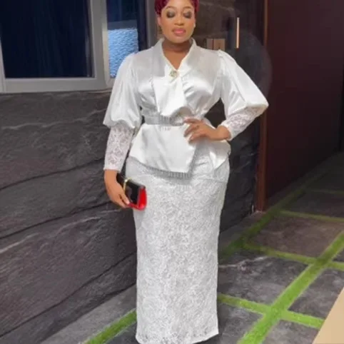 African Dresses for Woman Wedding Guest Notched Lapel Lantern Sleeve Lace Patchwork Belt  Church Celebrations Party Gowns