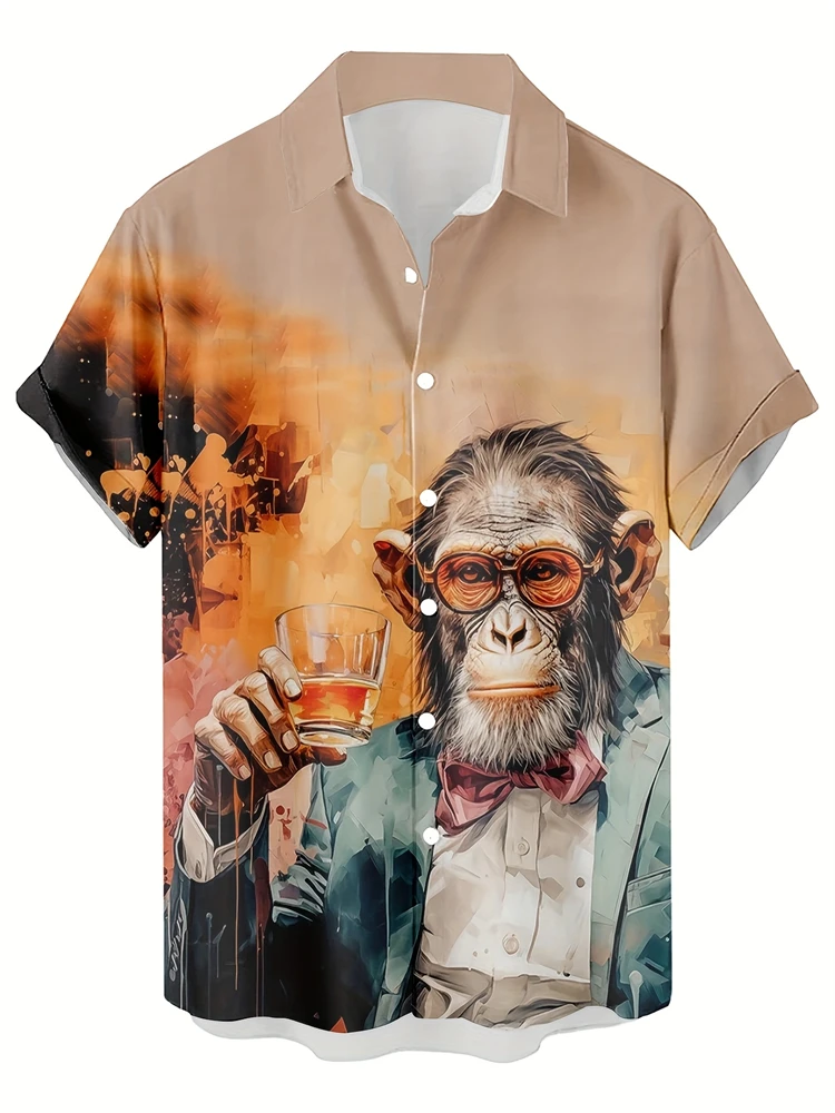 

Summer New Fun Monkey Print Beach Shirt Casual Hawaiian Men's Short-sleeved Button Shirt, Cute Animal Men's Collar Shirt