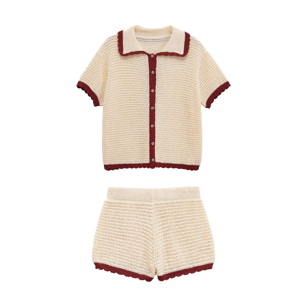 سترة نسائية محبوكة بأكمام قصيرة وياقة بولو على الموضة الجديدة، شورت محبوك بسيط بخصر عالٍ #1