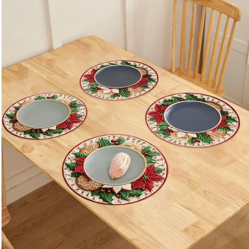 VIKAMA Christmas Poinsettia Berry Cookie Placemat Ivory Background Red Flower Holly Leaf Gingerbread Holiday Table Mat Decor