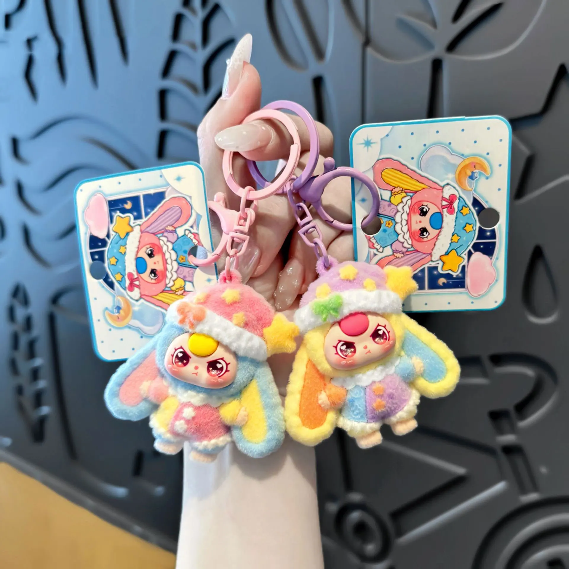 Cute Flocked Bunny Doll in Pajamas Keychain, Cartoon Figure Pendant, Bag Charm