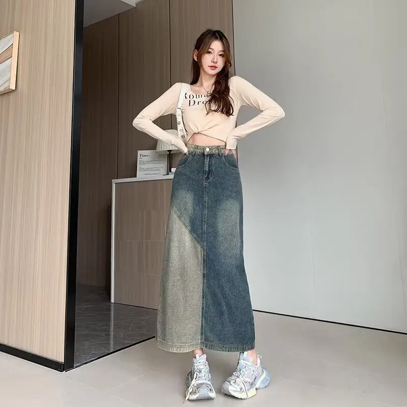 

Джинсовая юбка с высокой талией в стиле пэчворк, женская универсальная юбка средней длины с запахом на высоком каблуке для похудения