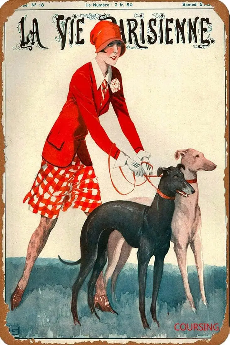 Metal Signs Plaque Retro Vintage Iron Tin Plate 1928 La Vie Parisienne French Greyhound Dogs France Travel Advertisement Pr sign