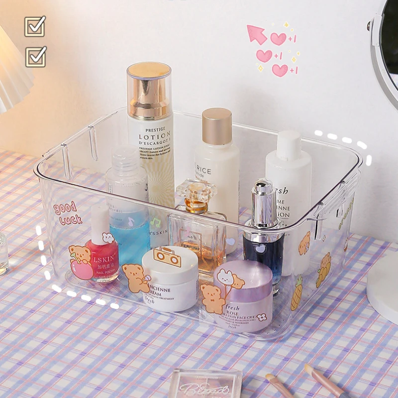 صندوق تخزين مكتبي شفاف مع غطاء بسيط، صندوق قرطاسية للطلاب، صندوق تخزين وتنظيم مستحضرات التجميل