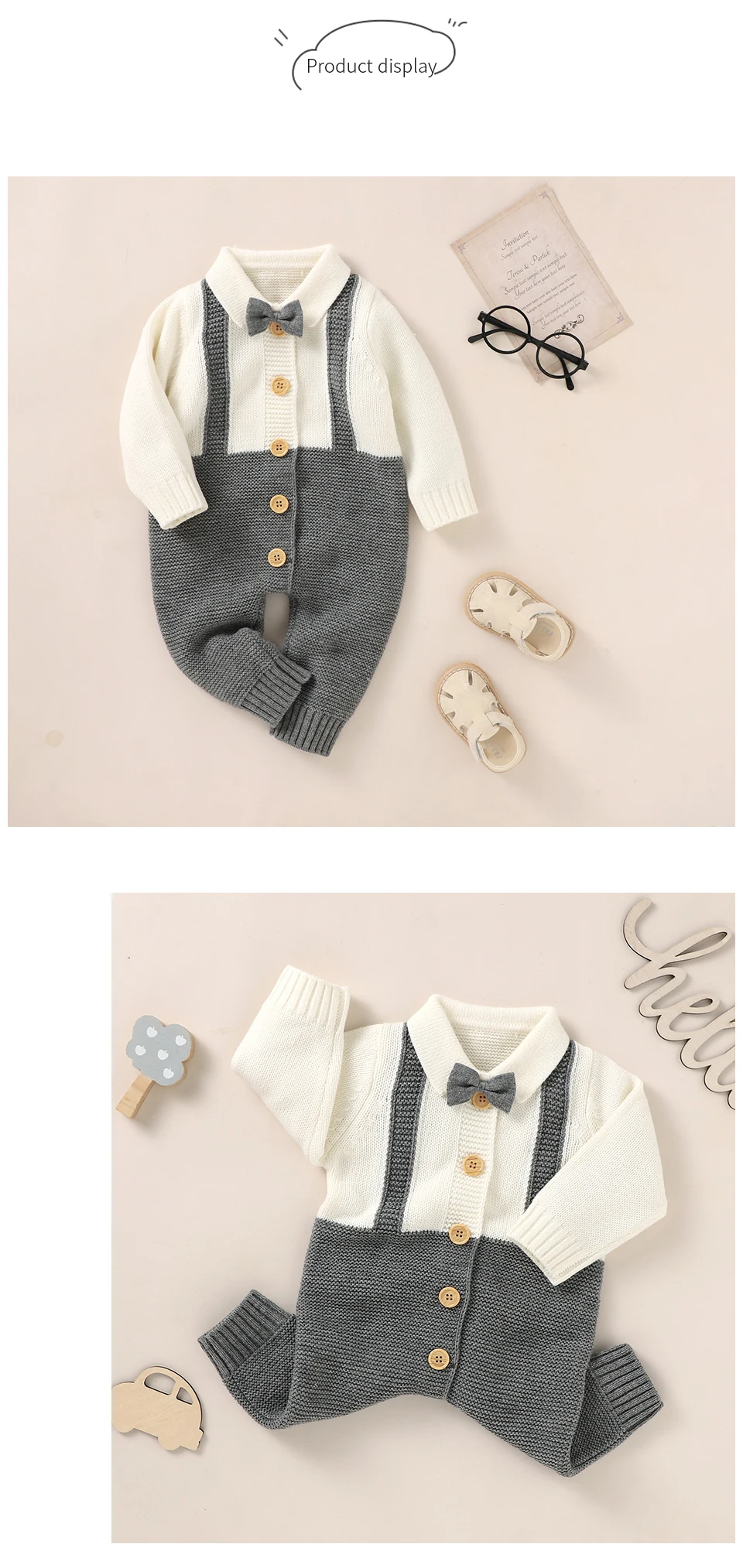 Baby Jungen Strampler Mode Herbst Winter Neugeborene Säuglinge Gentleman-Stil Overalls 0-18m Einteiliger Langarm-Strickanzug für Kleinkinder – Detail 8