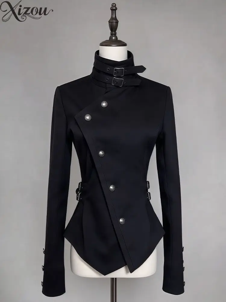 Women Dark Gothic Ouji Prince Jacket Stand Collar Oblique Button Cinched Waist Irregular Hem Knight Coat Spring Autumn 2026