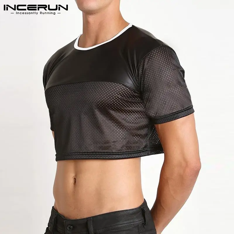 INCERUN Fashionable Casual Style New Men\'s Breathable Mesh Camiseta Short Sleeve Crop Tops 2023 Patchwork Cropped T-Shirts S-5XL