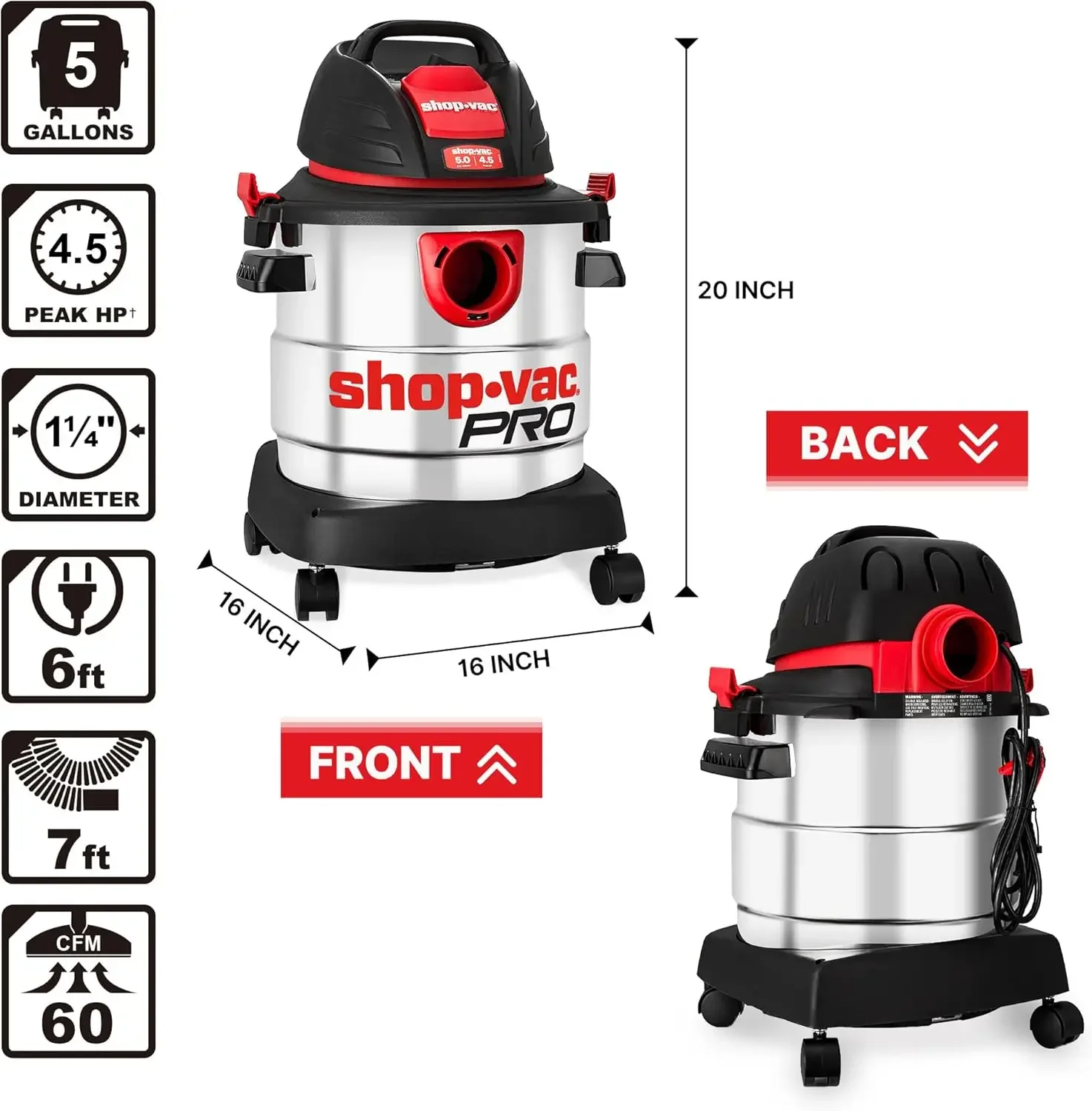 Shop-Vac 5-галлонный пылесос HP для влажной/сухой уборки мощностью 4,5 пика, резервуар из нержавеющей стали, портативный пылесос для магазина с фильтром, шлангом и аксессуарами для G