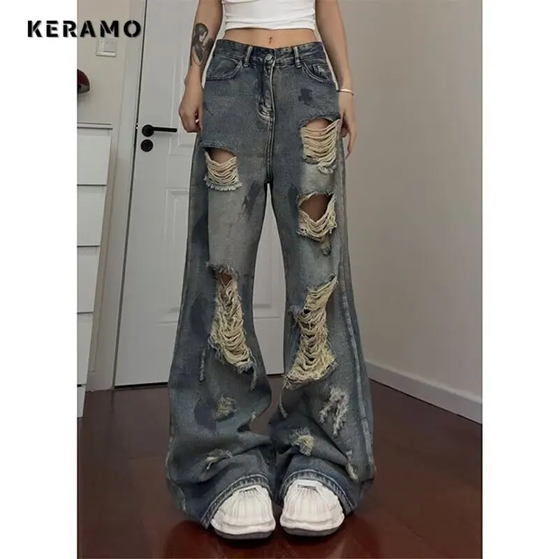 

High Street Vintage Ripped Distressed Jeans Harajuku Y2K Damage Emo Trashy Pants Kpop Women's Baggy Loose Fit Denim Trouser