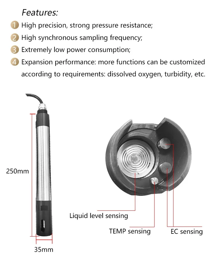 industrial combined temperature salinity detection 10 m output, conductivity EC measurement monitor level depth TDS CTD sensor