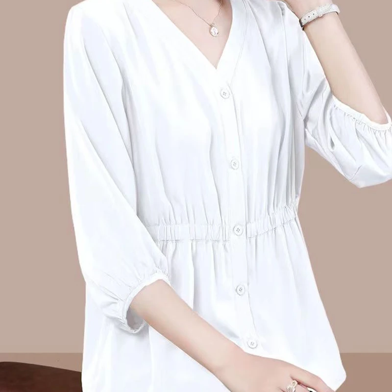 Oversized Three-quarter Sleeved Waistband Chiffon Shirt for Women\'s Spring Summer New Loose Covering Belly Slimming Trendy Top