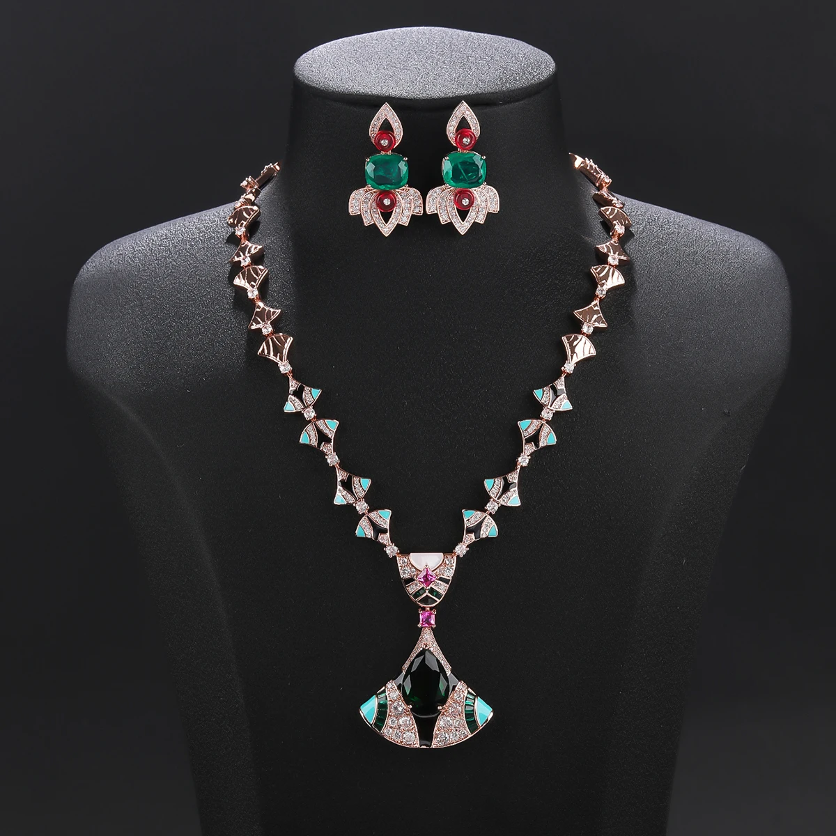 Luxury Retro Cubic Zirconia Enamel Craft Fan-shaped Design Necklace Earrings Set Lady Party Accessories CN11578