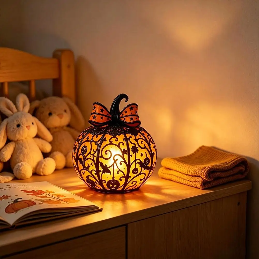 Halloween Pumpkin LED Nightlight with Bow Decoration Vintage Warm Light Table Lamp for Home Party Holiday Decor Nightlight