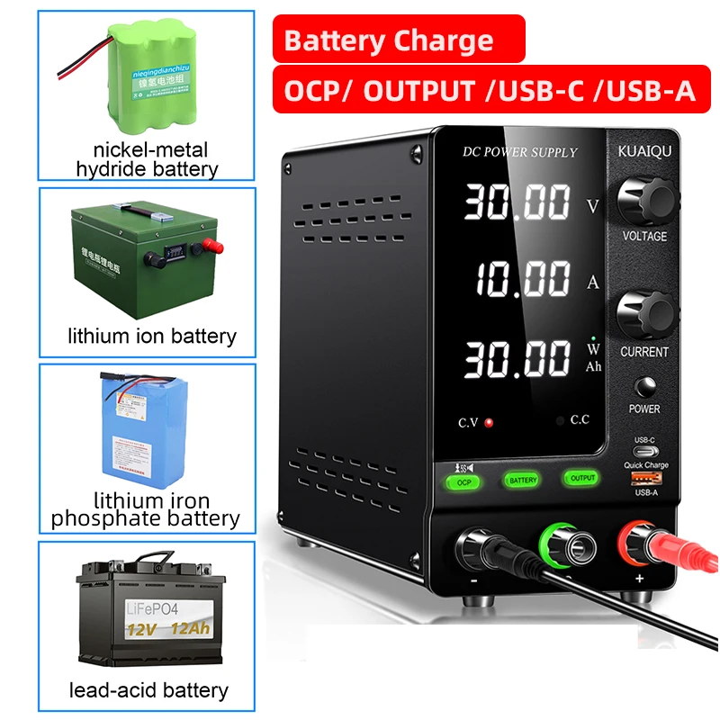 2024 Newest Model Battery Charge LAB DC Power Supply Adjustable OCP Output Switch USB Type-C Quick Charging 30V 10A 60V 120V 3A