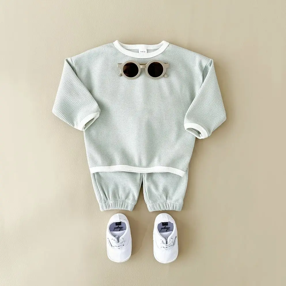 Korean Autumn Baby Clothes Set Cotton Waffle Patched Brand Shirts Suit Solid Loose Stretch Spring Infant Girl Baby Outfit