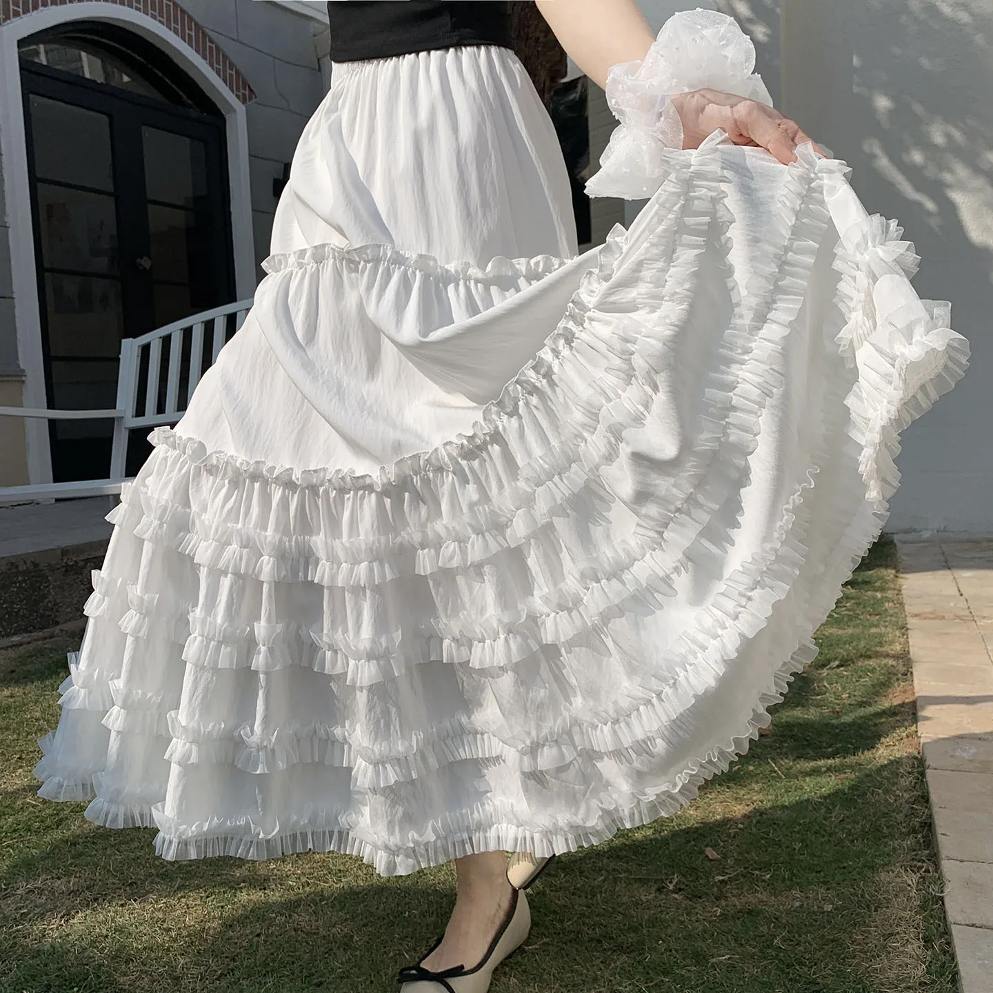 

Fashionable Layered Ruffled Patchwork A-Line Midi Skirt For Women Summer New Casual High-Waisted White Long Skirt