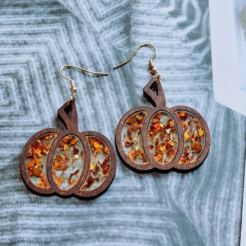 Autumn Thanksgiving Halloween Pumpkin Wooden Inlaid Acrylic Earrings Sparkling Pink Glitter Fashion Earrings