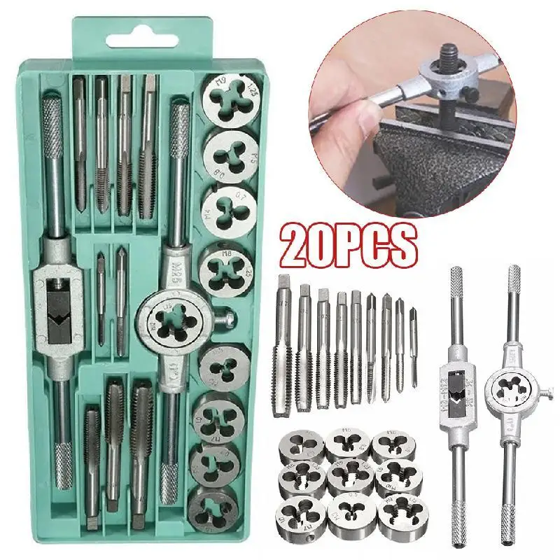 12/20 Pieces Tap And Die Set Tap And Die Sets Threaded Plugs Tap Drills Metric Hand Tap Die Wrenches Threaded Hand Tools Set