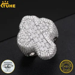 TUHE Unisex Rings Iced Out Baguette VVS1 Moissanite Cross Rings S925 Silver For Men Hip Hop Jewelry