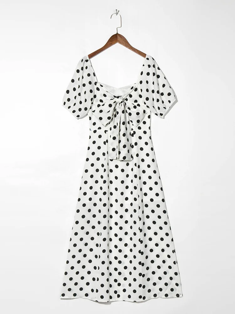 Women Dresses Sweetheart Neck Elegant Vintage Polka Dot Smocked Back Tie Bow Short Sleeve High Slit Sexy Summer Midi