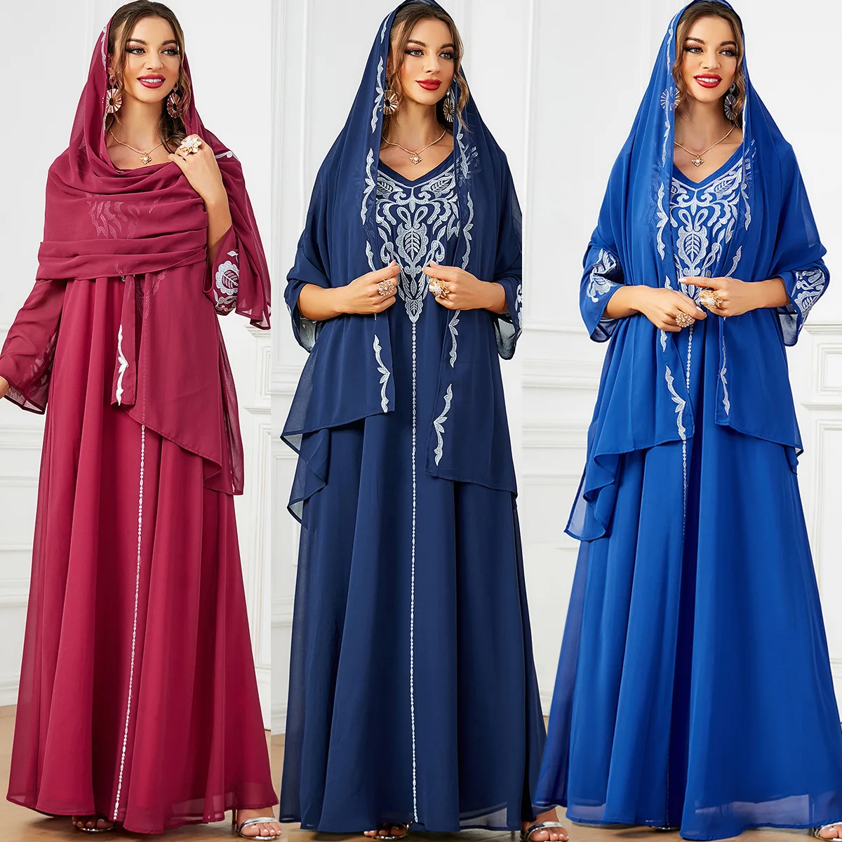 

Dubai a Dr Women's Long Gown with Headscarf Embroidered Middle East Faion Cross-Border Chinese Manufacturer Summer