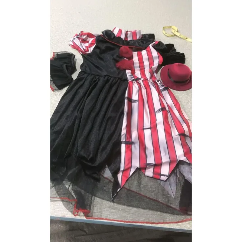Conjunto de disfraz de payaso aterrador de Halloween para niña, vestido a rayas de lunares, mallas, traje para fiesta, mascarada, celebración, ropa de Cosplay