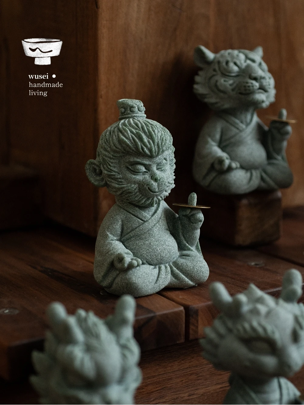 WUSEI Twelve Zodiac Green Sandstone Tea Pet Decoration Wealth Attracting Tea Table Ornament Souvenir Gift