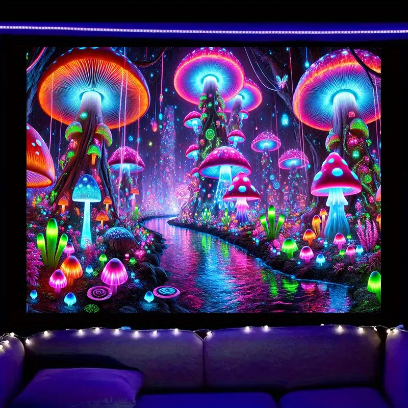 VIKAMA Neon Glow Mushroom Forest Tapestry Dreamy Bedroom Bohemian Style Living Room Wall Hanging Room Decor