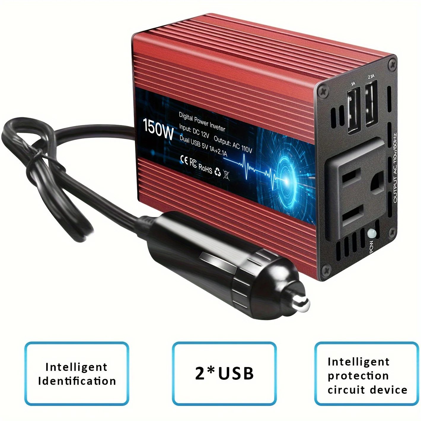 1pc 150W Car Power Inverter 12V DC to 110V/220V AC Converter with 3.1A Dual USB Ports, Fast Charge for Phone iPad Laptop, Overlo