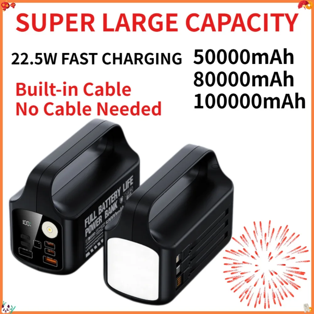100000mAh 80000mAh Solar Power Bank Built-in Cable 22.5W Fast Charger with Flashlight for iPhone Samsung Android PowerBank