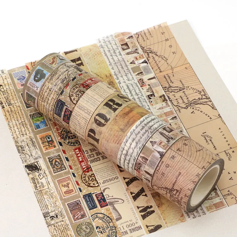 NEW 1PC 10M Decorative Vintage Kraft Script Newspapers Stamps Map Masking Washi Tape Adhesive Stickers Cute Journal Stationery