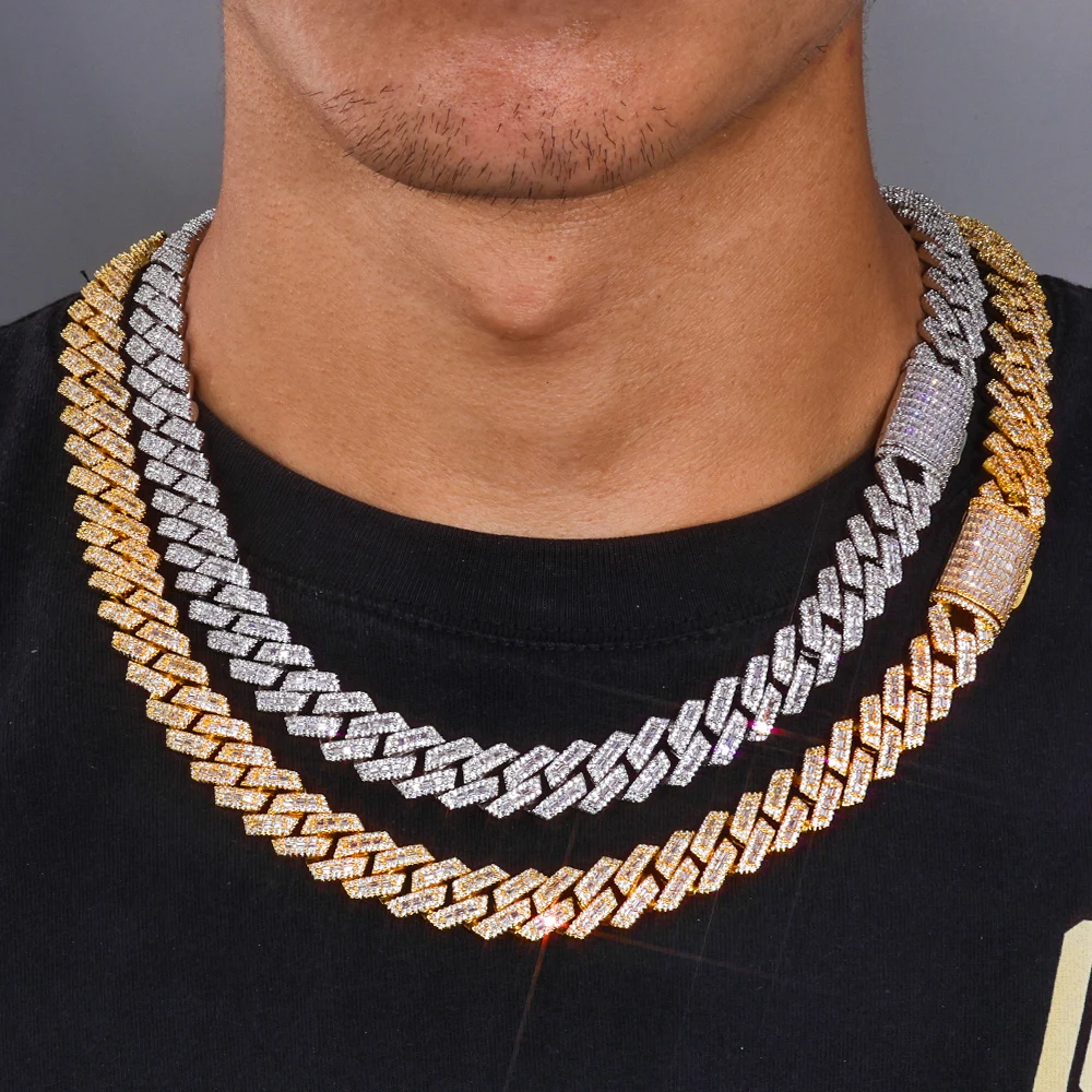 

NUOYA 14mm Ice Crack Claw Set with Cuban Chain Rough Chain Links Mixed Color Embedding Striped Zircon Necklace Hip Hop Jewelry