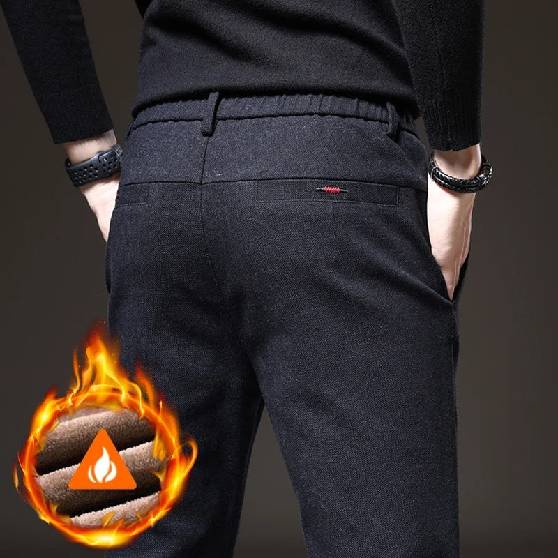 

Winter Warm Men's Brushed Casual Pants Business Straight Slim Thick Fleece Trousers Plush Brand Male Clothes 28-38