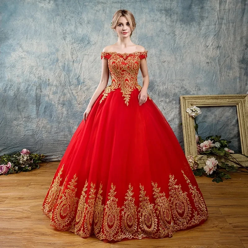 Black White Red Romantic Vintage Gold Lace Appliques Navy Blue Wedding Dresses Plus Size Bridal Gown Boat Neck Off Shoulder