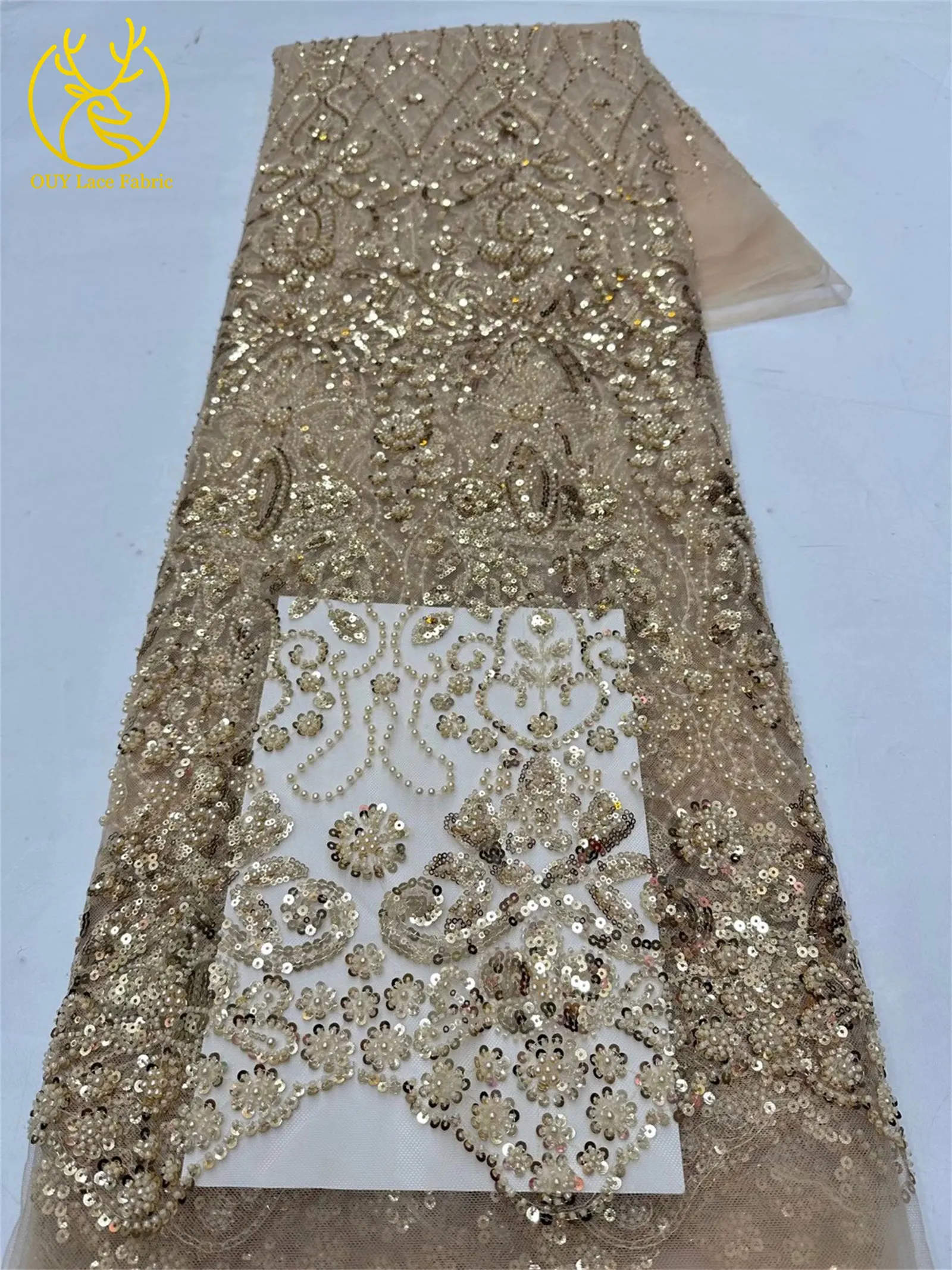 5 Yards meistverkaufter afrikanischer Pailletten-Spitzenstoff, hochwertige Mode, nigerianischer Perlen-Tüll-Spitzenstoff, Nähen von Partykleidern – Detail 28