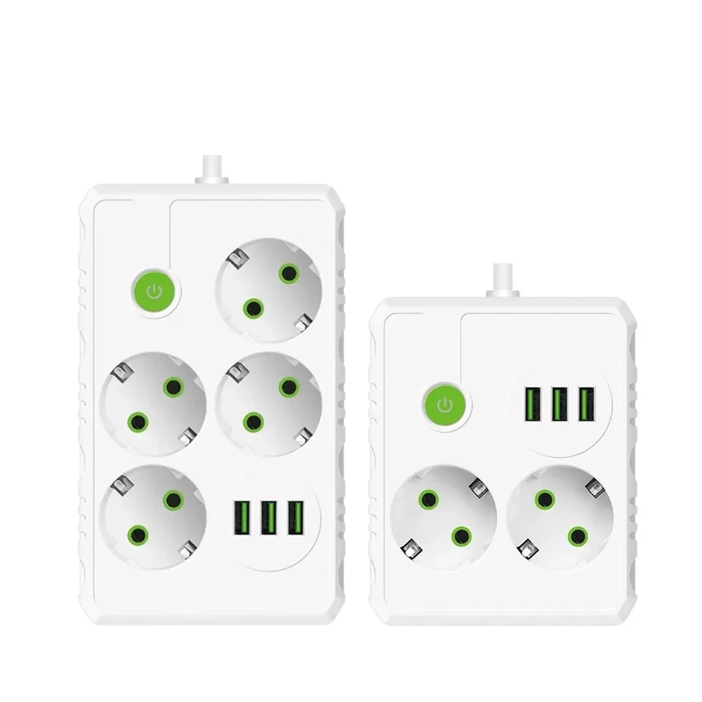 Enchufe europeo 2,4,6 enchufes multipreto toma de corriente cable de extensión de 2m con 3 puertos USB potencia máxima de 2500W