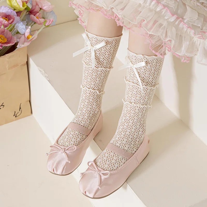 

Lolita Style Princess Girl's Socks For Summer Kids Fishing Net Sock Bows Knee High Fashion Children Mesh Sock High Quality